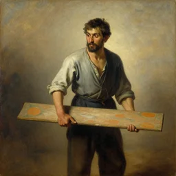 a man holding a wood plank, old oil painting, ancient painting, antique art,