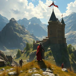 paladin by greg rutkowski, stanley artgerm, artstation trending, castle landscape, landscape, sunny weather, heroic, hyperrealism
