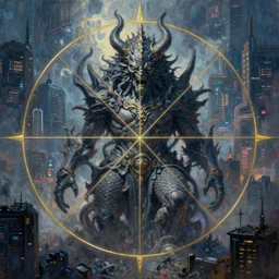 an epic painting demonic city, oil on canvas, cold colors, perfect composition, golden ratio, beautiful detailed, photorealistic, digital painting, artstation, concept art, smooth, sharp focus, illustration, cyberpunk background, artstation trending, octane render, unreal engine