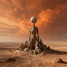 alien structure in a deserted planet surface with orange clouds in the background