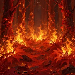 A flaming forest , flaming leaves,fire ,Magma,Red stones are scattered, flame red ferns, flame red shrubs, huge flame Fantasy plant,covered in flame red porcelain vine, artstation,by  Jakub Rozalski