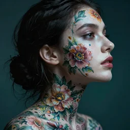 hyperrealistic hyper detailed neo-surreal close-up side portrait of gorgeous woman covered in rococo flower tattoos matte painting concept art hannah yata very dramatic dark teal lighting low angle hd 8k sharp 35mm shallow depth of field