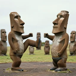 moai statues kicking each other in a ring fight. statues fighting.