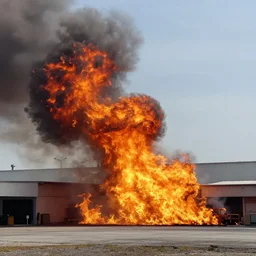 Warehouse fire, catastrophic, blazing fire, industrial fire, industrial explosion, photo taken from far away, taken from afar