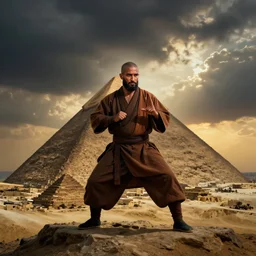a close portrait of a charismatic egyptian / arabic style kung fu - monk on top of a pyramid overlooking the ancient monumental egyptian city, heavy clouds and setting sun, cinematic dark mood, masterpiece by francois schuiten