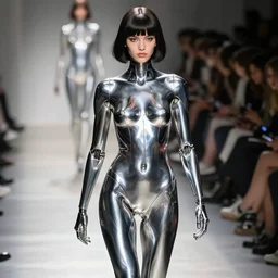 Hajime Sorayama designed Metallic Robot Woman walks on a runway in Paris. Robot woman’s skin made out of reflective chrome, Hyperreal