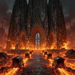 an obsidian gothic cathedral with a giant steel door and a path leading to it with several big carriages on it, in the elemental plane of fire, with rivers of lava surrounding it, Dungeon and Dragon illustration, painted by Greg Rutkowski, 4k, trending on ArtStation