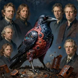 portrait of raven, cybertronic gadgets, flesh with technology, r / outrun colours, night, rotten textures, rusty shapes, biotechnology, dariusz zawadzki, tim hildebrandt, wayne barlow, bruce pennington, larry elmore, oil on canvas, deep depth field, masterpiece, cinematic composition, hyper - detailed, hd, hdr
