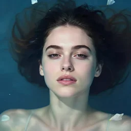 portrait of a beautiful girl + kaya scodelario, floating under the deep dream water, beautiful smooth soft light + white petal, by personal photography, art by brookskim, closeup, 4 k, highly detailed, instagram,