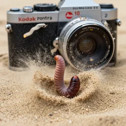 kodak portra 4 0 0, 5 0 mm leica summicron f 1. 2, action photography, long shot, dirty lenses, award winning macro photo of a giant worm in the middle of a strong emergence from below the sand, sand splash, fast shutter speed, motion blur, tiny gaussian blur, highly detailed, highly intricate, depth of field, national geographic, 4 k
