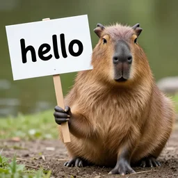 realistic high quality photo of a capybara holding a sign with text that reads : hello