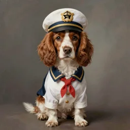 A painted portrait of a brown haired springer spaniel wearing a sea captain's clothing, by Thomas Gainsborough, elegant, highly detailed, anthro, anthropomorphic dog