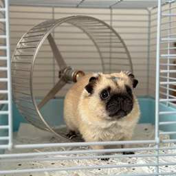 a hamster cage with a pug gerbil hybrid inside by the wheel