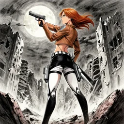 instagram, scarlett johansson holding 9 mm! attack on titan anime style, full body profile, dynamic wide angle lens, manga style, by frank frazetta david finch and greg rutkowski, pencil and ink, full moon lighting, fully clothed, hot pants, in a post apocalyptic city