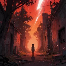 abandoned apocalyptic old alley with a kid at the centre, trees and stars background, falling petals, epic red - orange sunlight, perfect lightning, illustration by niko delort,