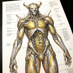 highly detailed labeled medical anatomy poster of a animalistic god, poster paper with notes, well - lit, ray tracing, detailed, mechanism, forbidden - knowledge, intricate details, gold and silver ink, by kentaro miura, marco bucci