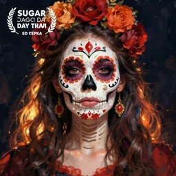 illustration of a sugar skull day of the dead girl, art by ed repka