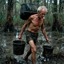 movie still close - up of an skinny old man carrying a bucket walking with difficulty in a swamp mud, cinestill 8 0 0 t 3 5 mm eastmancolor, heavy grain, high quality, noir, natural textures, photorealistic, ambient occlusion, hd, ultra wide lens, anamorphic