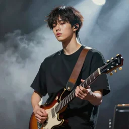 a young korean man wearing black t shirt playing electric guitar on stage, dramatic lighting and smoke, matte colors, thought provoking, by conrad roset, dramatic brush painting, trending on artstation