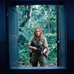 film still, extreme far view, jenifer lopez, jungle, vietnam door gunner, apocalypse now, associated press,, 2 6 mm, kodak ektachrome, blue tint expired film