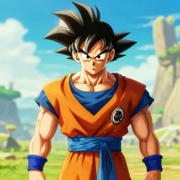 an in game portrait of goku from the legend of zelda breath of the wild, breath of the wild art style.