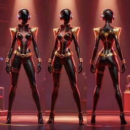 three views game character design by illustrator of riot games, donato giancola and greg rutkowski. just one lonely black tape project show attctive showgirl!! full body!! future head set. contour light effect!! 8 k. red, golden and black. stage light. octane render. sharp edge. ultra clear detailed