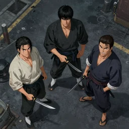 high angle shot, birds eye view, hyperdetailed masterpiece concept art of 3 Japanese gangsters holding knives on the street with dim light, 4k Detailed Matte Illustration trending on ArtStation