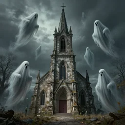 Ghosts circling an old forgotten church, by Noah Bradley, Darek Zabrocki,, James Paick, Natasha Tan, highly detailed, ultra detailed, ultra realistic, trending on artstation