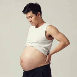 Young male Asian protagonist wearing a sleeveless shirt and a big pregnant belly arching his back with one hand on his belly and another on his back, artstation, concept art