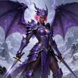 full portrait, solo character!, an alluring dragon hunter, female, intricate purple armor, dragon themed, ornamental, sprouting wings, dark brown skin, short pink hair, swords, battle pose, background filled with mountains, snow and thunder!!!, boudoir, epic, highly detailed, extremely detailed face, high fantasy, digital painting, by artgerm and greg rutkowski and alphonse mucha, artstation