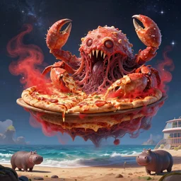 beautiful digital fantasy illustration of a layered pizza dream boat floating in the cubic space of cosmic terror, blobfish made of pizza on the beach, but it is a horrible mutated frightening gross pizza hybrid creature, realistic, detailed, ( crab ) covered in pizza with red mist coming out the pizza. unreal engine, epic scenery, national geographic, hungry hippos, by petros afshar and chiho aoshima