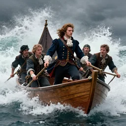 bonnie prince charlie being sent off in a small boat amidst crashing waves while scotsmen help him, 4 k, concept art, by wlop, ilya kuvshinov, artgerm, krenz cushart, greg rutkowski, pixiv. cinematic dramatic atmosphere, sharp focus, volumetric lighting, cinematic lighting, studio quality