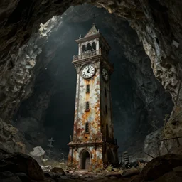 an abandoned old rusty clocktower in a dark enormous cave, Low level, digital art, unreal engine, WLOP, trending on artstation, 4K UHD image, octane render dynamic lighting, cinematic, establishing shot, extremely high detail, photo realistic, cinematic lighting, watercolor, intricate line drawings, 8k resolution