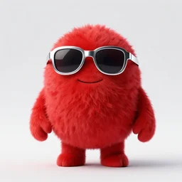 3 d render of completely red hairy friendly antropomorphic creature wearing chrome shades, without nose, smiling, full body, standing on 2 feet, in the style of pixar, white background, unreal engine 5, octane render, highly detailed hdr