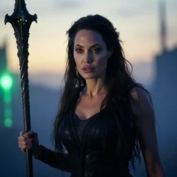 epic photo of angelina jolie as beautiful d & d sorceress with very long black hair, battle scene, holding her wizard staff, sweaty, neutral expression, perfect likeness, rim light glow, low contrast, soft light, low light, blue hue, shallow depth of field, photorealistic, cinematic lighting, lovely bokeh, warm colours, hazy sunset, movie quality, green glow from the left, excalibur 1 9 8 5, movie still, cinemascope