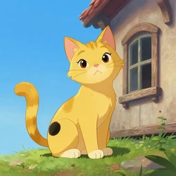 golden cat with a black spot on her trunk, an old house with a window over a hill, blue sky, trending on artstation, trending on deviantart, by studio disney