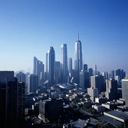 distant view of a futuristic cyberpunk city, daylight, blue sky, cinematic lighting, blue sky, syd mead, john harris