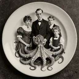 vintage photograph monochrome plate, malformed victorian family posing with a large octopus, lovecraft, horror vibe, distressed old photo, slight sepia tone