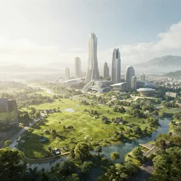 a breathtaking view of a solarpunk city, green meadows and rivers, futuristic architecture, hyperrealism, octopath traveler, octane render, misty, highly rendered, global illumination, radiant light, by vincent callebaut and chris hytha
