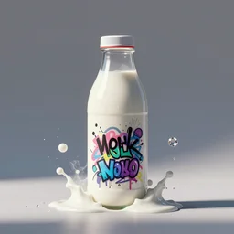 a milk bottle spilling out graffiti and bling, 3d, fake caustics, cinema 4d, maxon one, trending on behance, strong composition, Beautiful colors, symmetry.