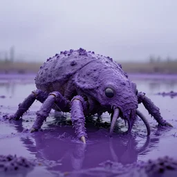 speculative evolution of aiology creatures / animals coverd on purple sludge, realistic 4 k photo it is a weird colosal insec like creature in a purple lake