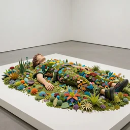 poetic exhuberance, a person lying in the middle of a stunning intriguing 3 d rendering, composed of tiny colorful details and plants, hyperdetailed, contemporary masterpiece, in clean minimal style museum, deep focus, striking