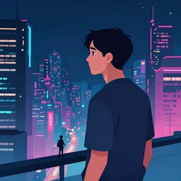 a man staring forlornly at a neon cyberpunk city at night he has been cast out of. clean cel shaded vector art. shutterstock. behance hd by lois van baarle, artgerm, helen huang, by makoto shinkai and ilya kuvshinov, rossdraws, illustration, art by gaelle boissonnard