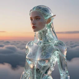 biblical shy beautiful female druid android, made of glass, bright glowing veins, in clouds, sunset, portrait, by gerald brom, by mikhail vrubel, by peter elson, muted colors, extreme detail, reflections, trending on artstation, 8 k