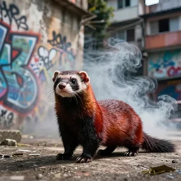 photo ( far _ shot ), subject [ furry _ fandom _ fursona ( red _ and _ black, weasel - ferret - stoat ) ], background ( smoke, concrete ), medium [ graffiti ( spray _ paint ), favela _ wall ]