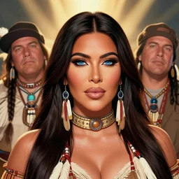 portrait cartoon render of a strikingly gorgeous assiniboine and mandan overweight kim kardashian with blue eyes and long dark brown hair, wearing a native american choker, rossdraws, artgerm, norman rockwell, emiliano ponzi, epic composition, hd, octane, unreal engine, volumetric lighting, light rays, masterpiece, award - winning
