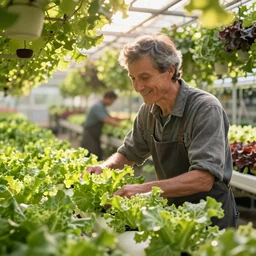 man looking over hydroponic farm, satisfied, working, happy, hd