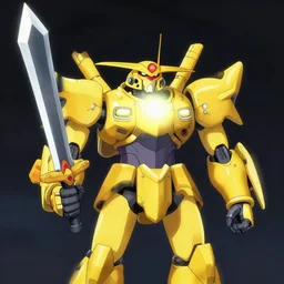 yellow mecha with flat head and big sword and shield, spotlight in middle of face, Keetongu Bionicle, by Greg Rutkowski