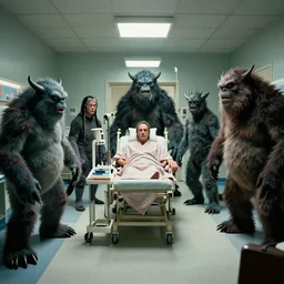 monsters invade the hospital, film still from the movie directed by denis villeneuve and david cronenberg with art direction by salvador dali, wide lens