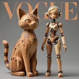a wooden cat and a beautiful jointed wooden art doll, super dollfie, biopunk, solarpunk, mecha, feminine curves, wood and fur, surreal, dan mumford, beeple, fashion magazine, vogue, harper's bazaar art, id magazine, intricate, 8 k render in octane, sharp focus, ektachrome